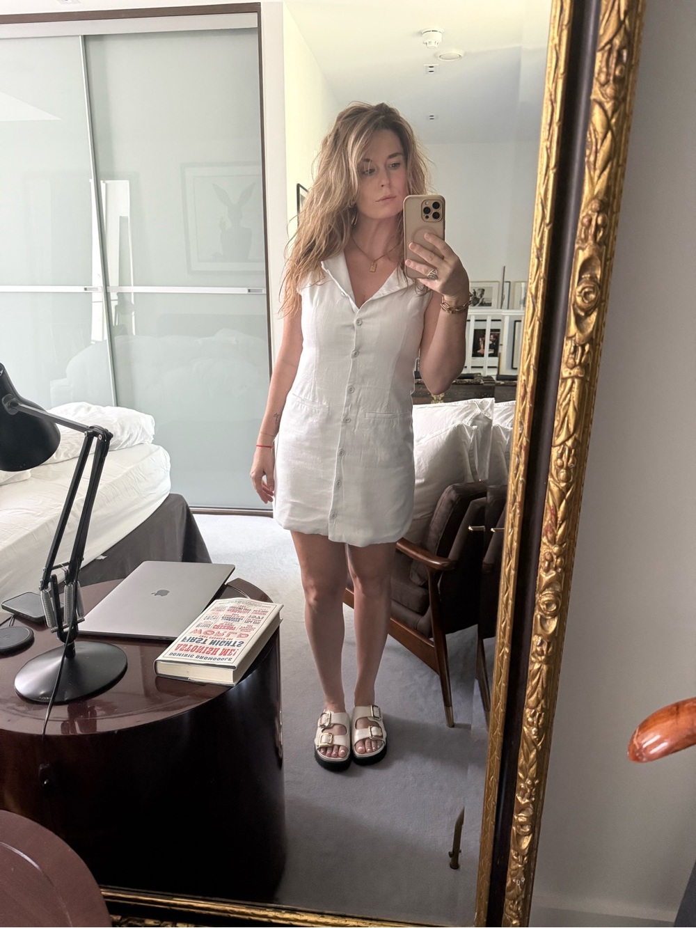 White Button-Front Linen Blend Mini Dress
